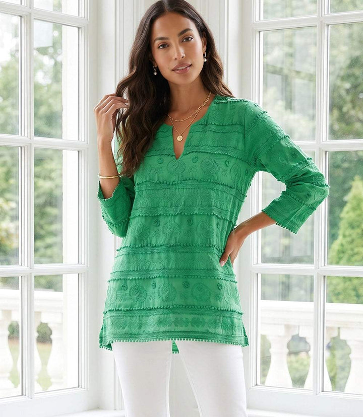 3/4 sleeve embroidered tunic with split neckline and intricate allover embroidery in lightweight cotton