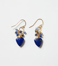 Lapis cluster earrings with deep blue stones and gold-tone loop, 1.5 inches long