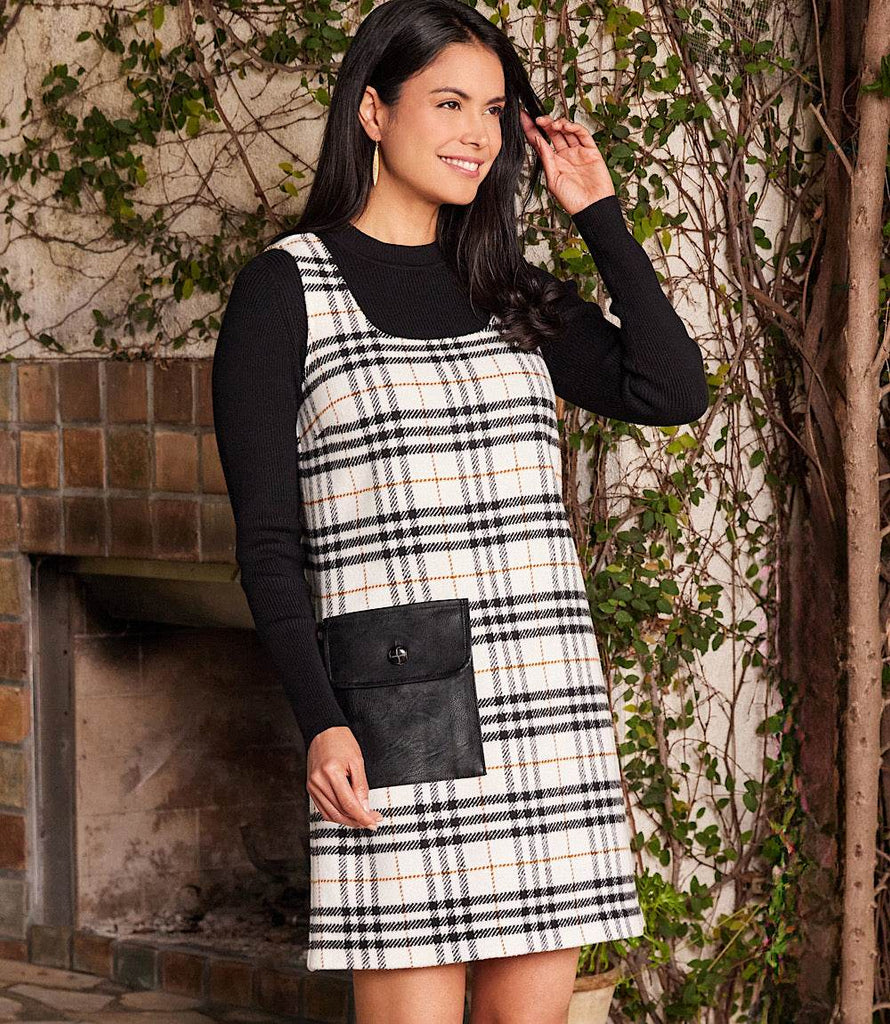 Plaid Shift Dress with Faux Leather Pocket - Cozy & Stylish