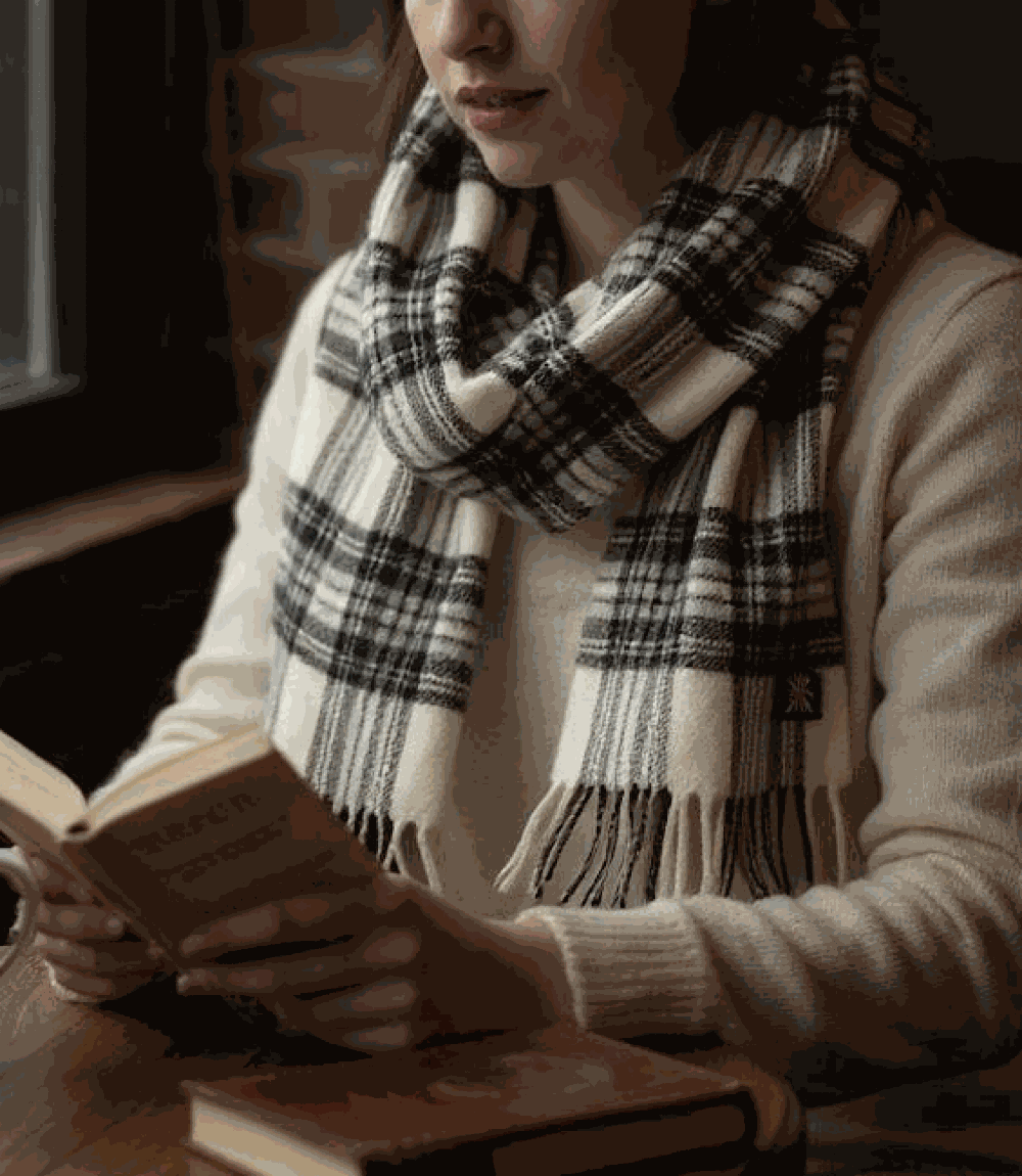 Merino Wool Fringed Plaid Scarf