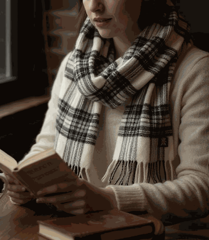 Merino Wool Fringed Plaid Scarf