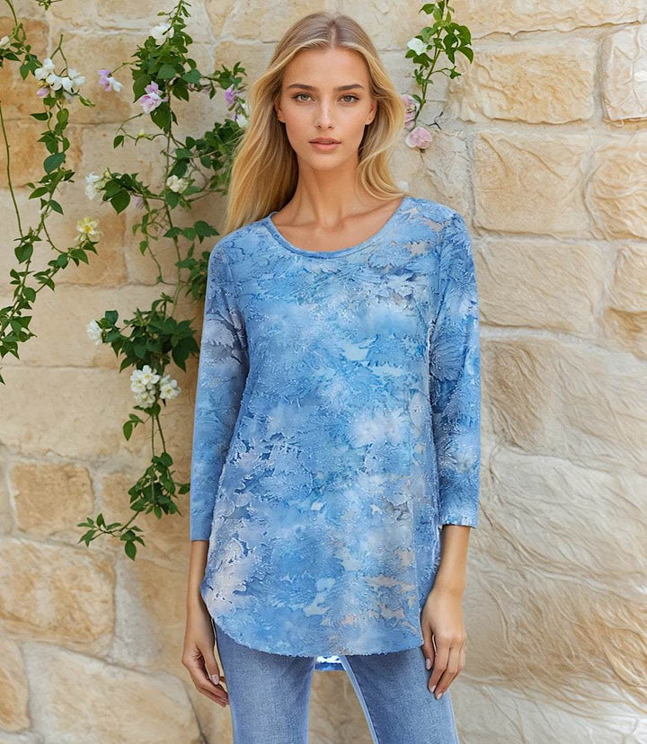 Blue 3/4 sleeve burnout shirttail top with scoop neckline and relaxed fit