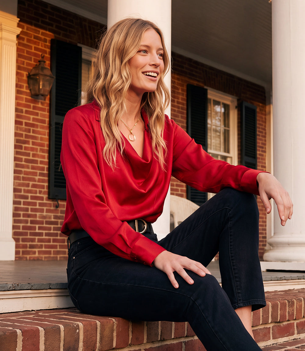 Petite Size Long Sleeve Collared Cowl Neck Top