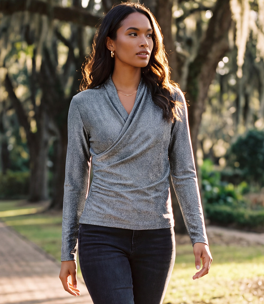 Long Sleeve Crossover Side-Shirred Top