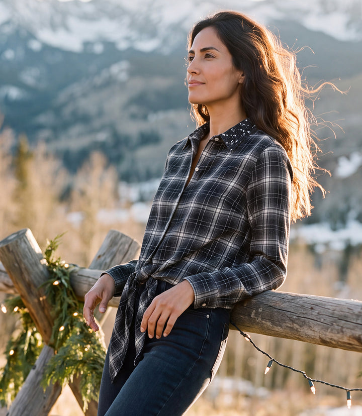 Embellished Collar Plaid Tie-Front Shirt