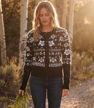 Floral Jacquard Crewneck Cardigan Sweater