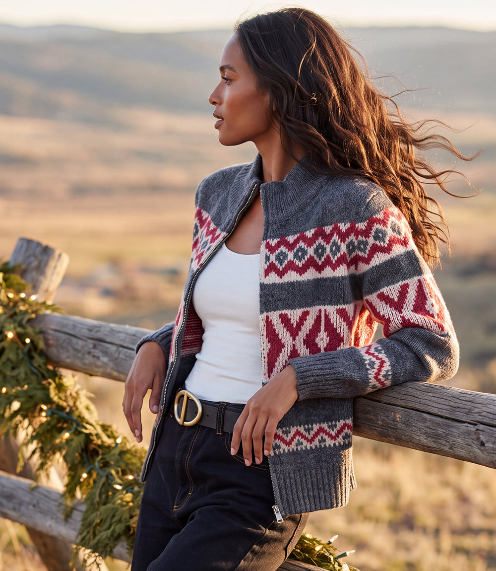 Mockneck Jacquard Zip Sweater