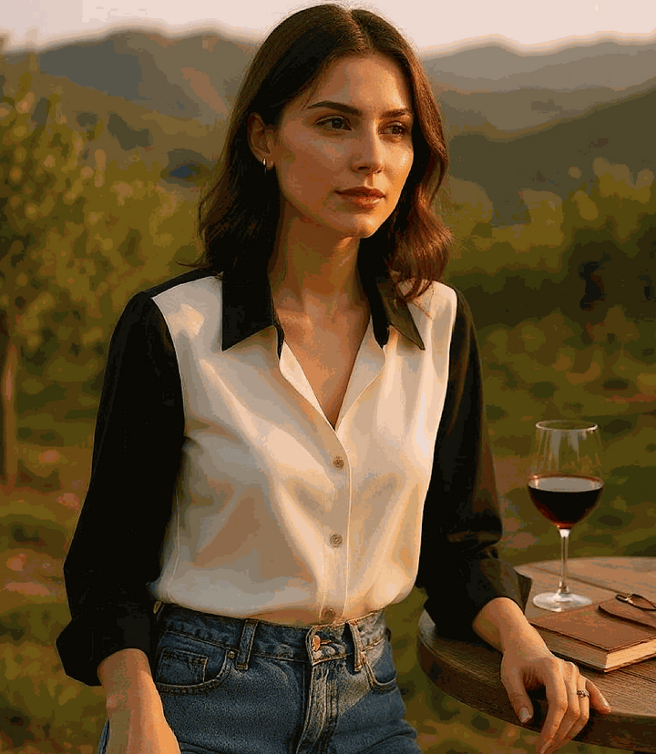 Woman wearing long sleeve satin colorblock shirt with black sleeves and collar sitting outdoors with glass of red wine