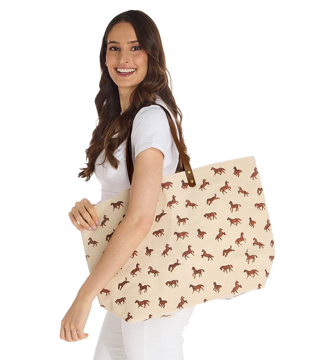 Mini Horse Print Tote Bag - Stylish Cotton Canvas with Leather