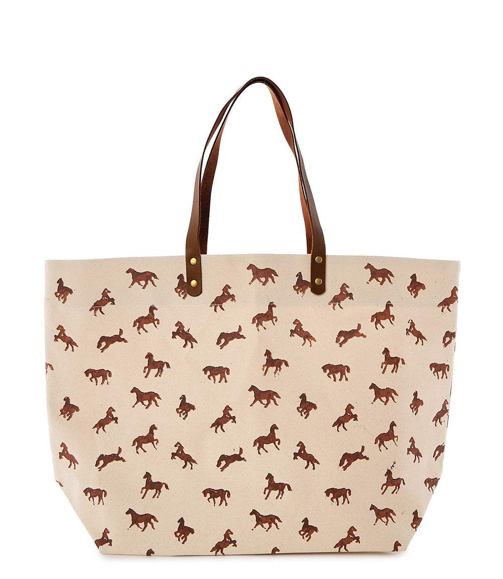Mini Horse Print Tote Bag - Stylish Cotton Canvas with Leather