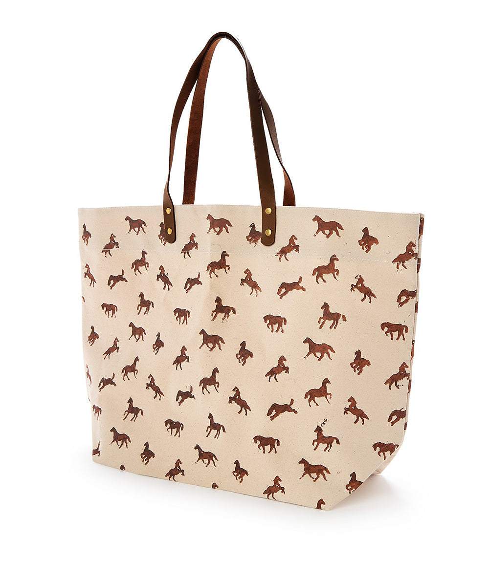 Mini Horse Print Tote Bag - Stylish Cotton Canvas with Leather