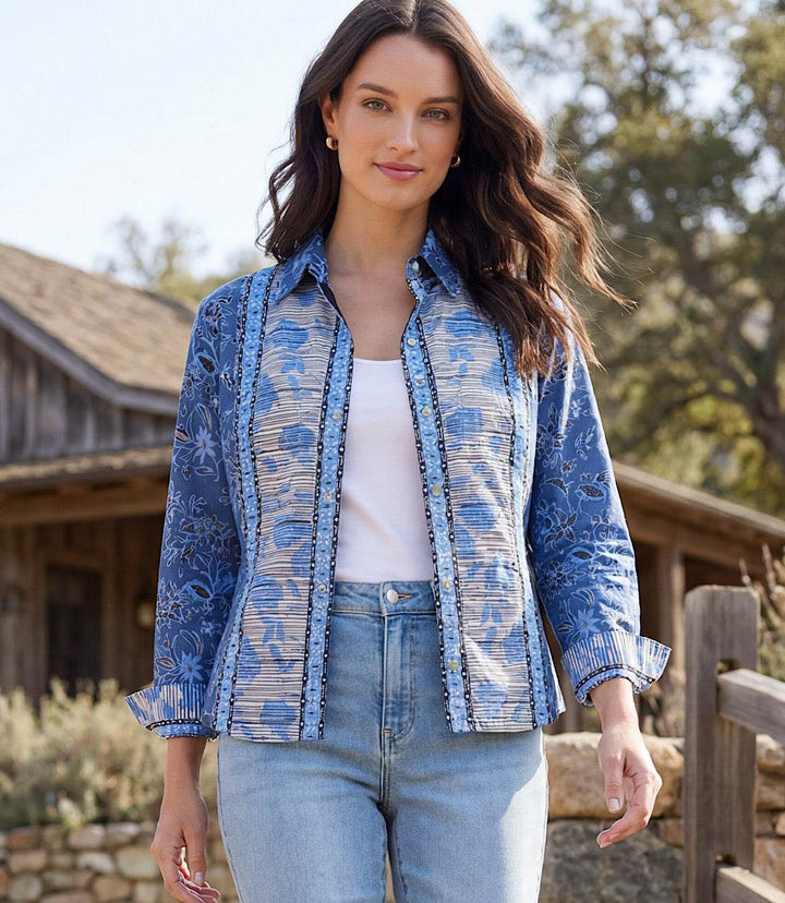 Ruched Sleeve Border Print Shirt with collared neckline, button-front, ruched 3/4 sleeves, and allover border print pattern