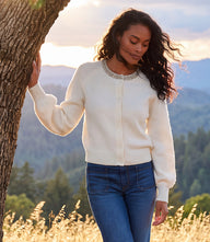 Petite Size Embellished Crewneck Cardigan Sweater