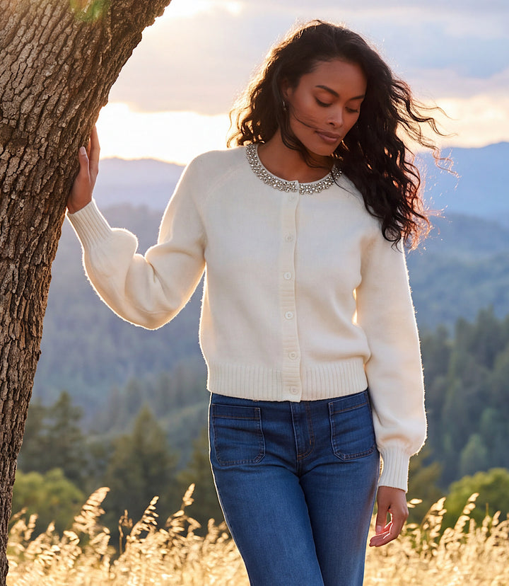 Petite Size Embellished Crewneck Cardigan Sweater
