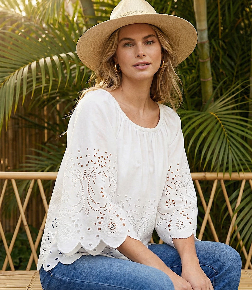Cut-Out Embroidery Flare Sleeve Peasant Top