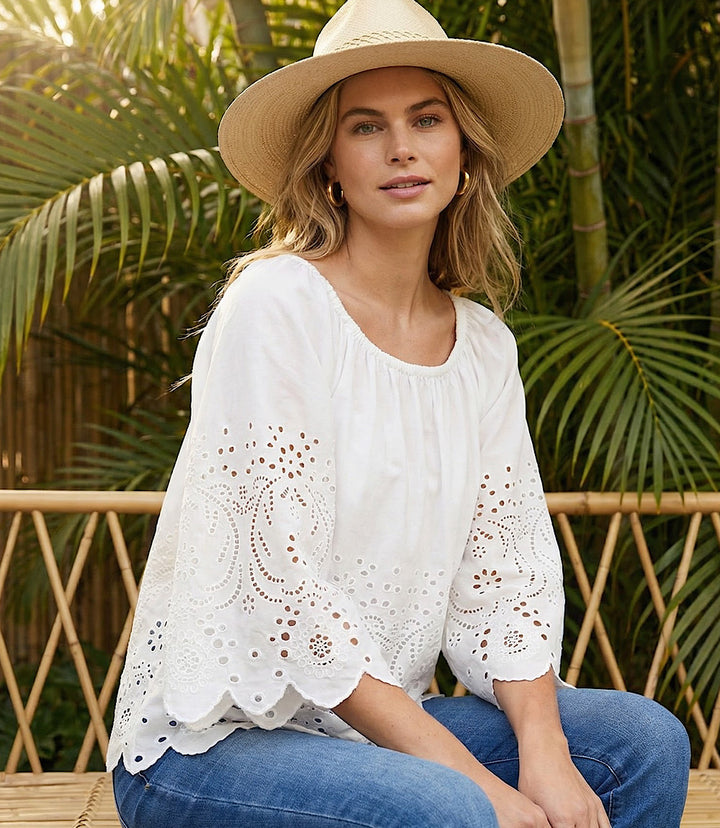 Cut-Out Embroidery Flare Sleeve Peasant Top