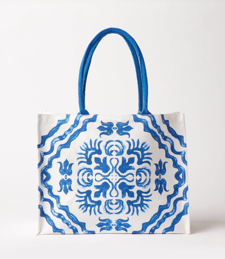 Square Blue Tile Block Print Tote Bag