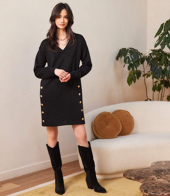 Long Sleeve V-Neck Button Detail Dress