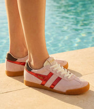 Gola Elan Glitz Sneakers with rose suede upper, metallic red wingflash, dark brown heel tab, and gum sole