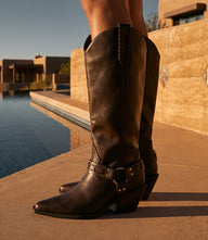 Billini Eldora Harness Boots in sandalwood with pointed toe, western stitching, low block heel, and removable harness detail