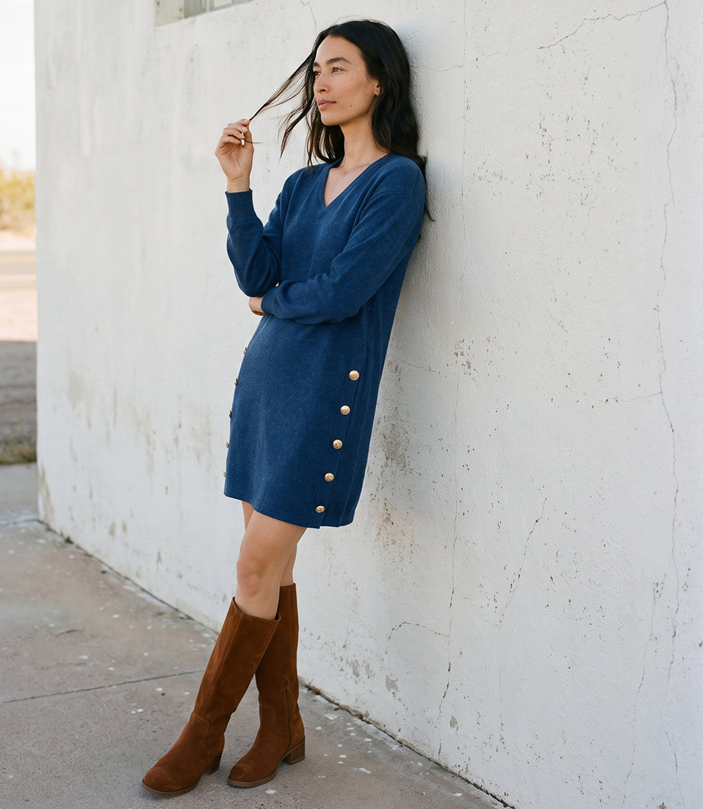 Karen Kane Women's Petite Size Long Sleeve V-Neck Button Detail Dress, XLP, XLP, Blue, Polyester/Gold/Nylon