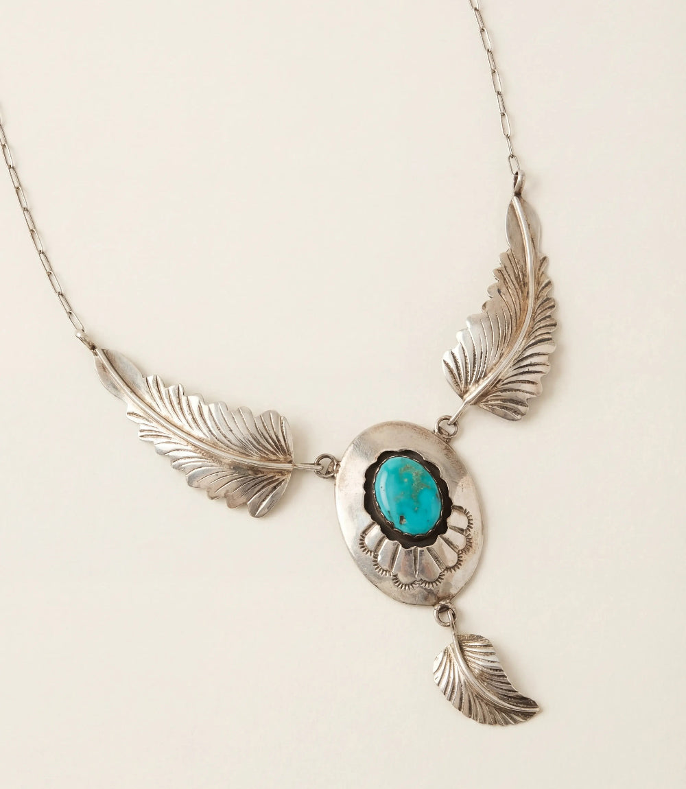 Triple Feather Vintage Turquoise Pendant Necklace