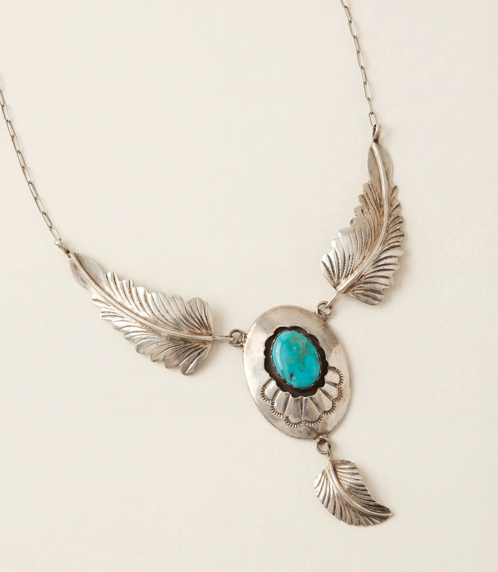 Triple Feather Vintage Turquoise Pendant Necklace