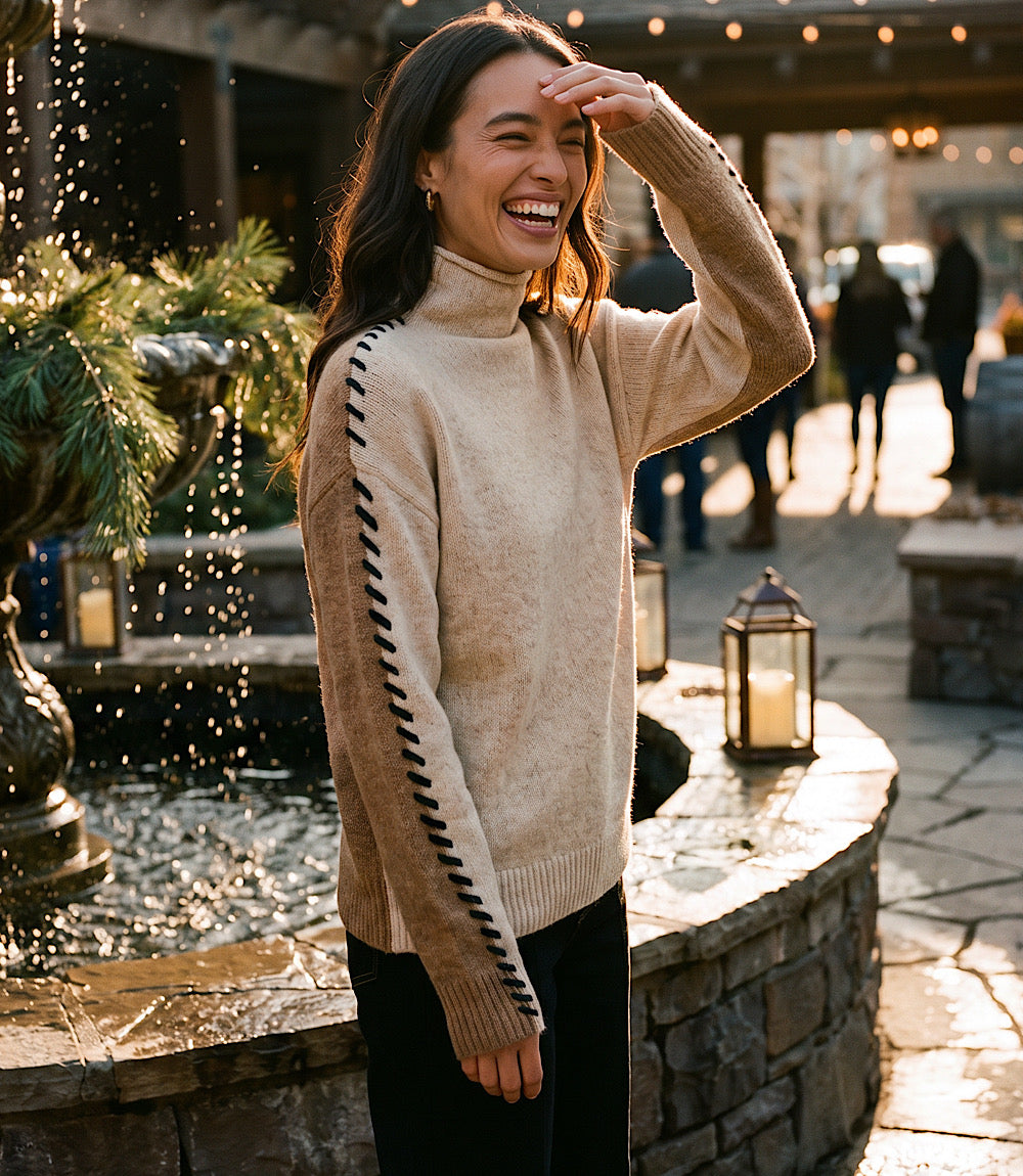 Petite Size Contrast Stitch Mock Neck Colorblock Sweater