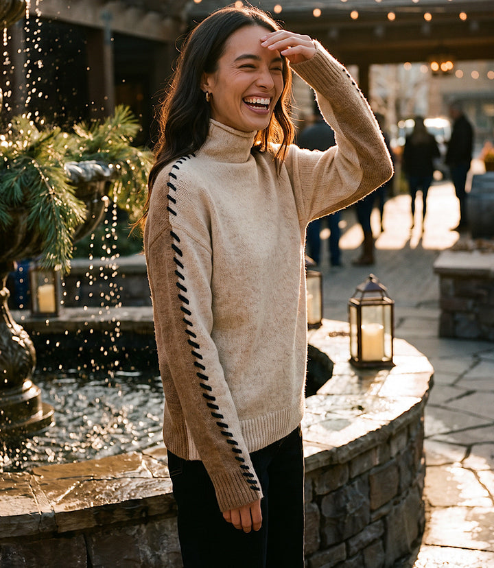 Petite Size Contrast Stitch Mock Neck Colorblock Sweater