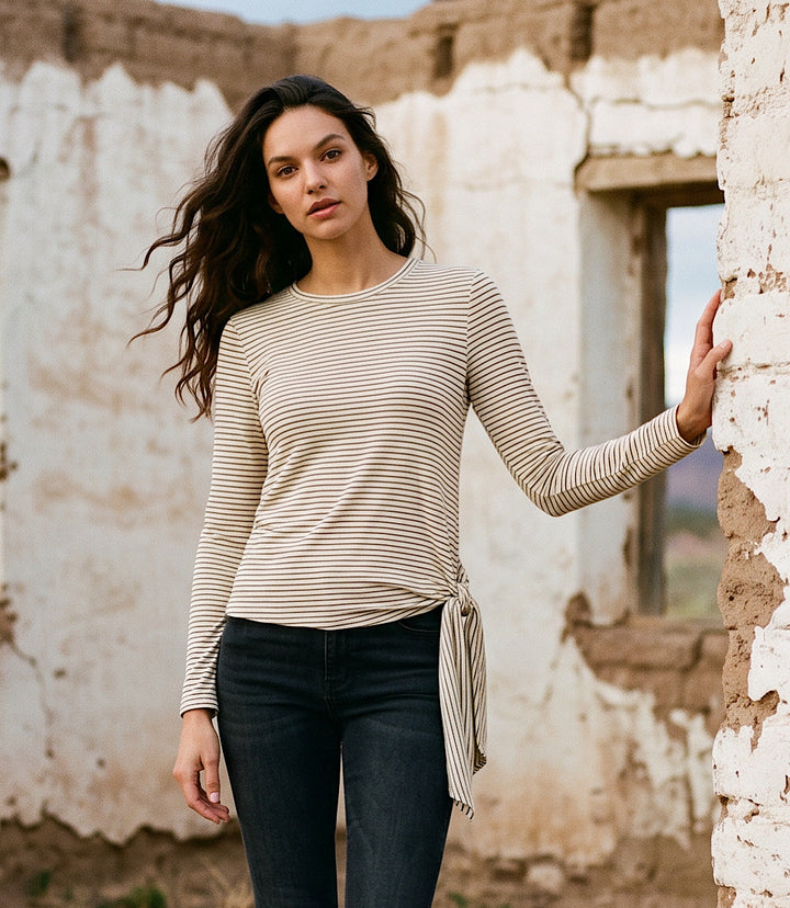 Stripe Long Sleeve Side-Tie Top