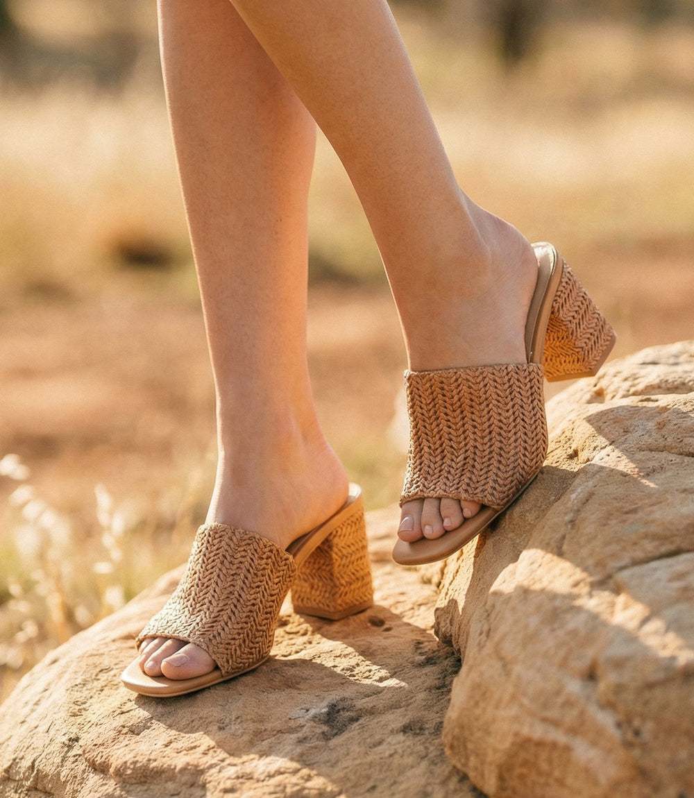 Adapt Raffia High Heel Sandals with 2.75-inch heel and padded insoles, raffia upper, bohemian style