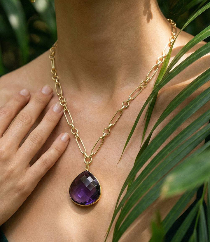 Amethyst Quartz Pendant on gold-plated paperclip chain necklace with lobster clasp