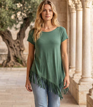 Angled Fringe Top with relaxed fit, angled hem, fringe detailing, short sleeves, and scoop neck in soft spandex jersey