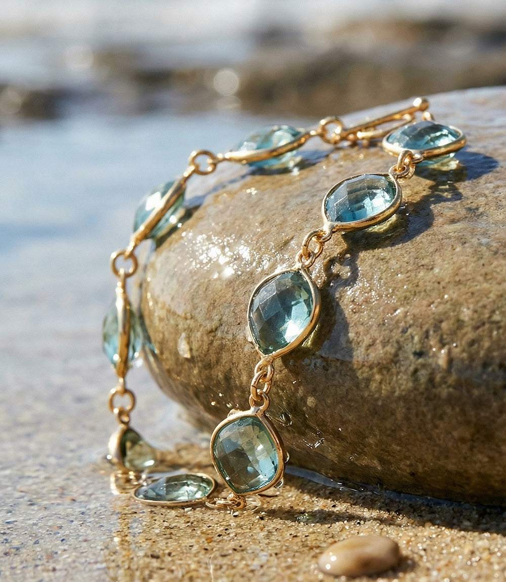 Aqua Quartz Bracelet in aquamarine with elegant design, 7-inch length, made in USA