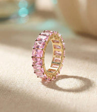 Baguette gemstone ring with sparkling pink cubic zirconia on 14K gold plated sterling silver band