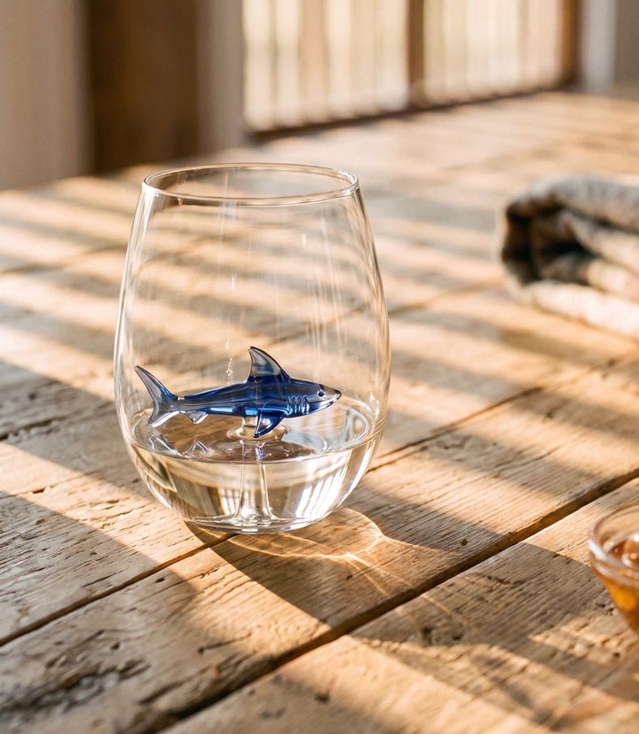 Hand blown shark stemless wine glass holding 20 oz with detailed shark accent