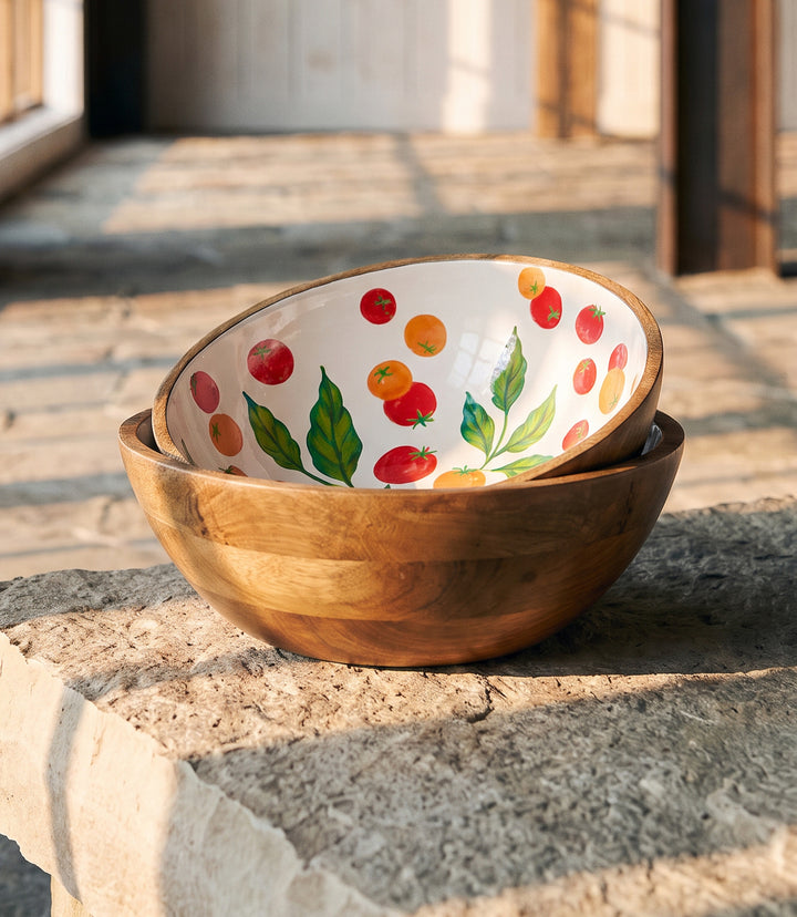Wooden Enamel Tomato Print Serving Bowls, Set Of 2