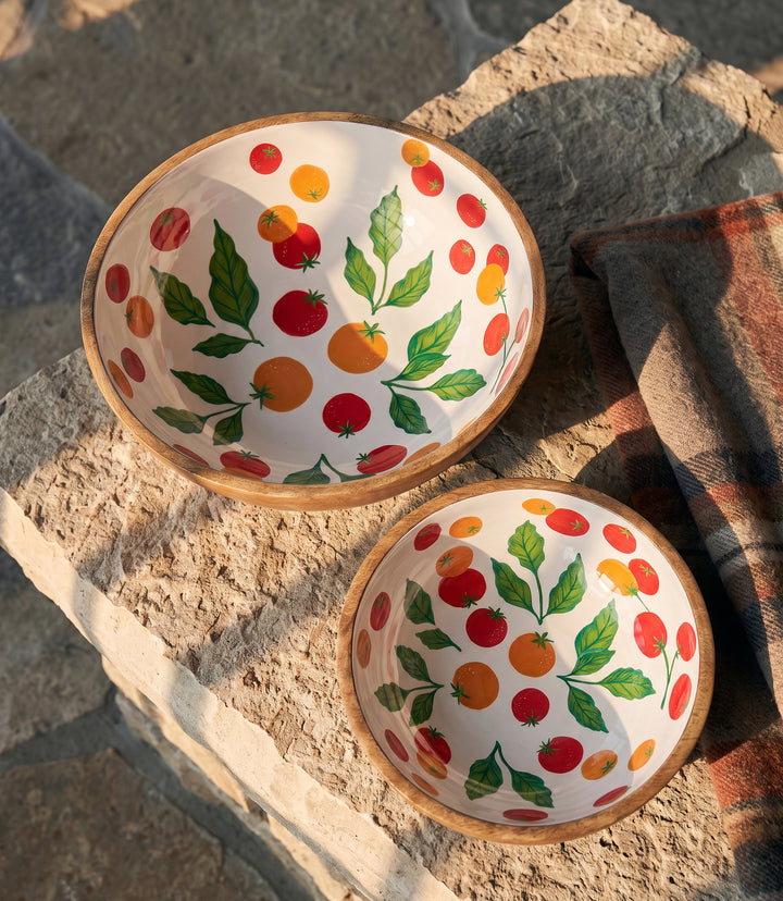 Wooden Enamel Tomato Print Serving Bowls, Set Of 2