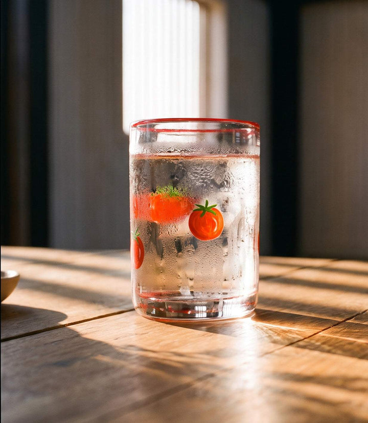 Tomato Hand-Painted Double Old Fashion Glass with vibrant tomato artwork on durable glass
