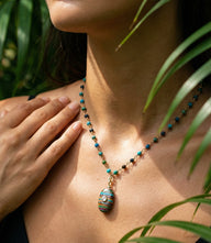 Beaded Amulet Necklace with rainbow calsilica pendant and cubic zirconia on gold vermeil chain