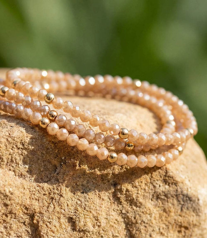 Set of 3 Beaded Crystal Bracelets with champagne glass beads and gold-filled accents