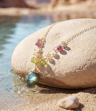 Beaded gemstone pendant necklace with labradorite centerpiece and multicolor beads on gold-filled chain
