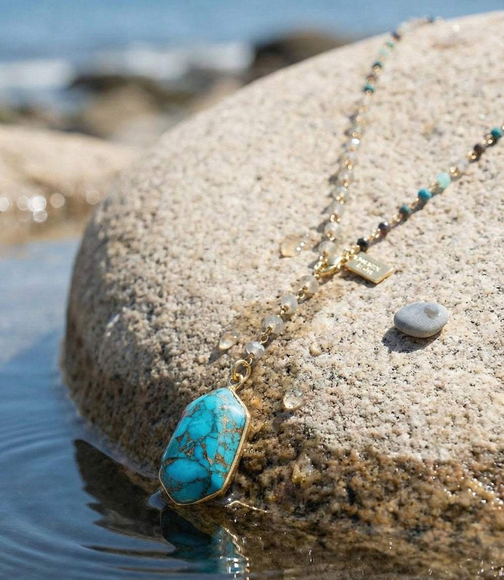 Beaded turquoise pendant necklace with cubic zirconia and 14K gold vermeil on gold-plated brass chain