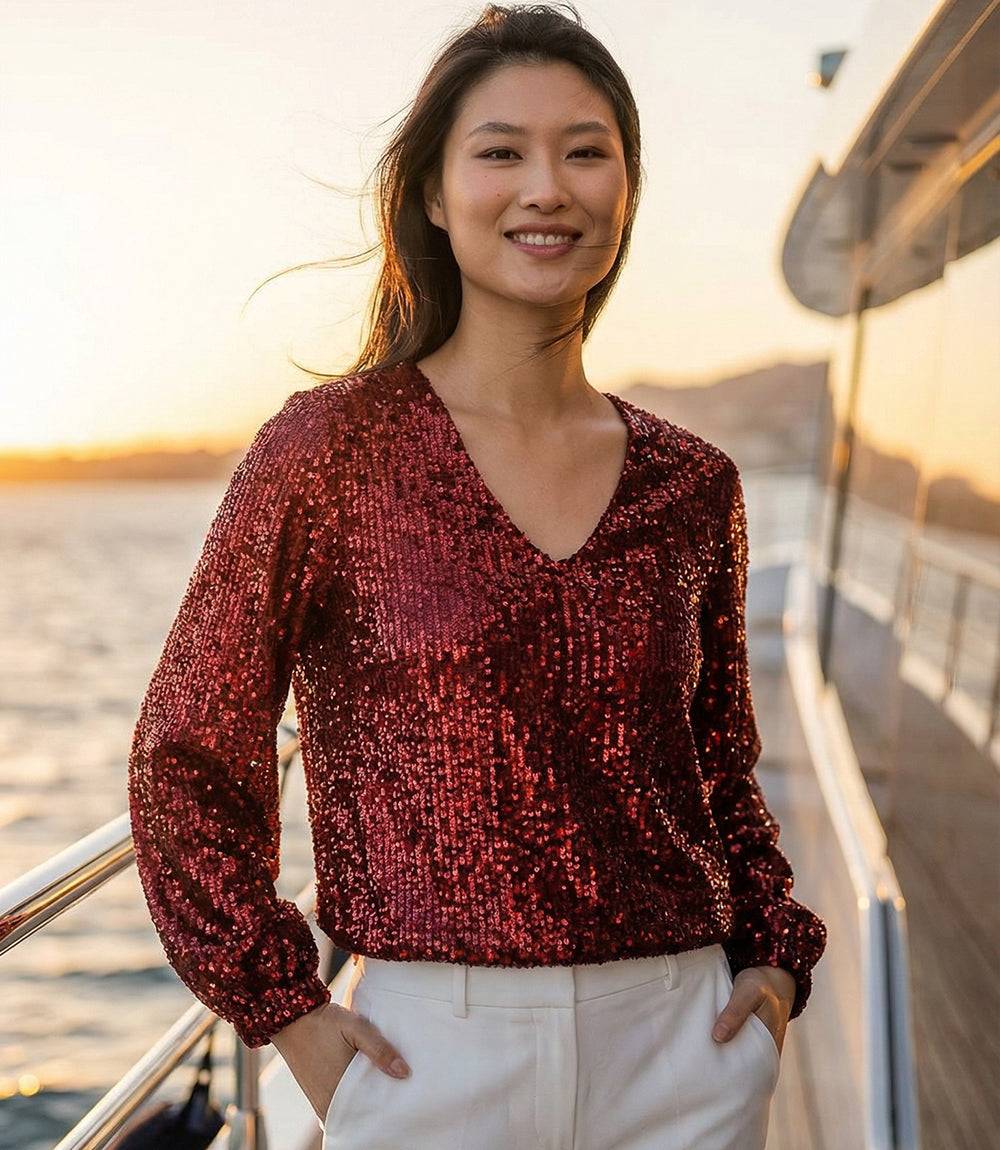 Blouson sleeve sequin V-neck top with elastic hem and cuffs in shimmering sequin mesh