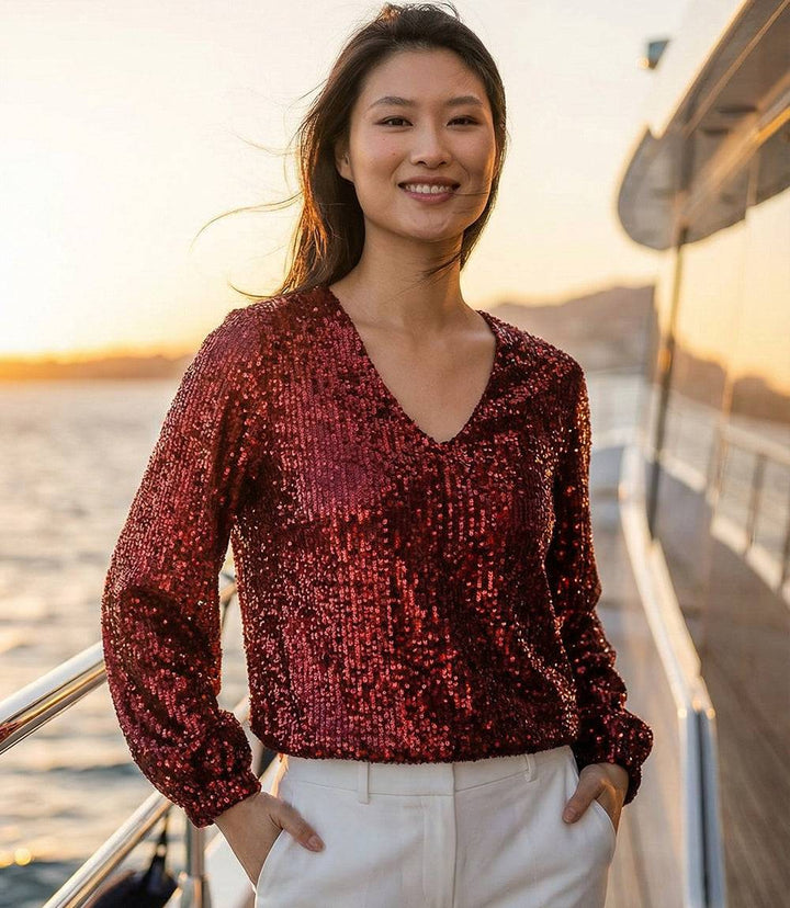 Blouson sleeve sequin V-neck top with elastic hem and cuffs in shimmering sequin mesh