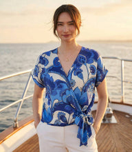 Blouson wrap tie top in Morning Glory cupro print with V-neck and cap sleeves