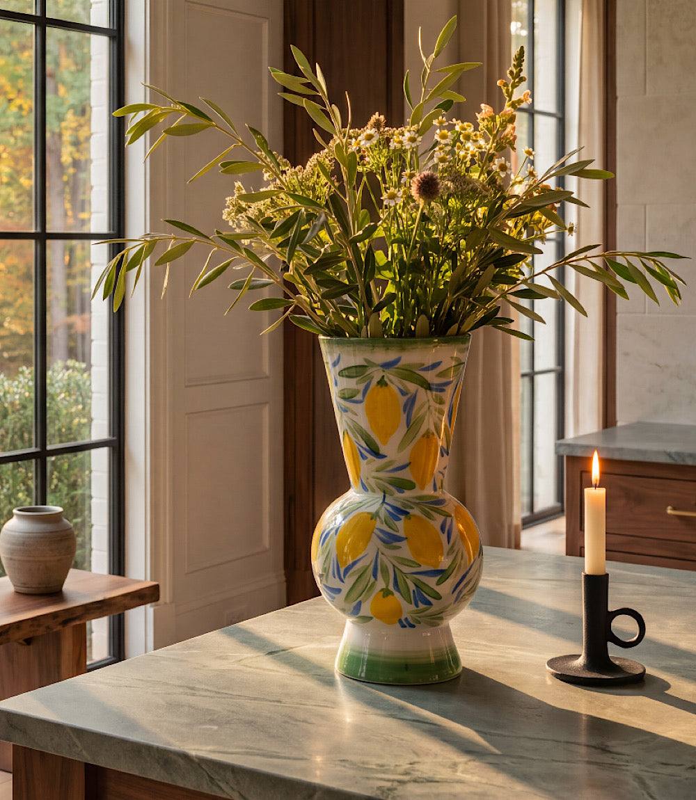 Hand-Painted Large Lemon Vase with vibrant lemon motif and botanical details on porcelain, 12.25" tall