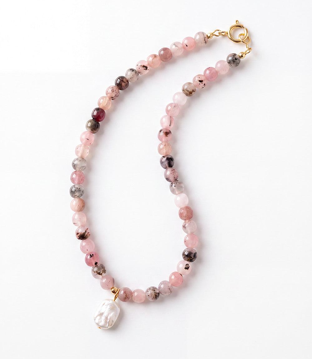 Beaded Pink Jade And Pearl Necklace