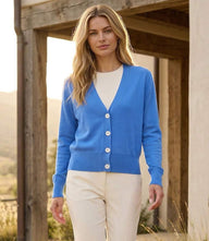 Classic V-neck button-front cardigan sweater with long sleeves and wide ribbed edges