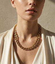 Chunky Chainlink Necklace with oversized polished gold links, 16K gold over stainless steel, hypoallergenic, 13.5-inch length with extender, made in USA